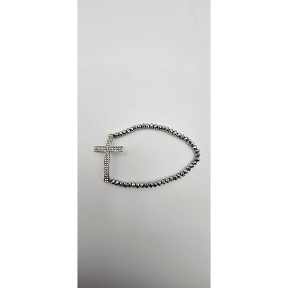 Women's Dark Silver Tone Rhinestone Cross Pendant Wrap Style Stretchy Bracelet - Picture 1 of 5
